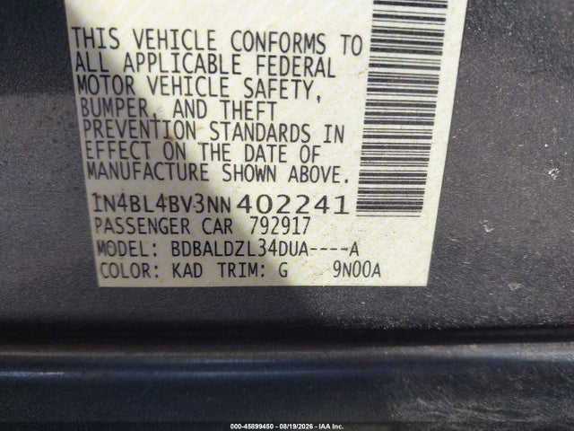 Продажа на аукционе авто 2022 Nissan Altima S Fwd, vin: 1N4BL4BV3NN402241, номер лота: 45899450