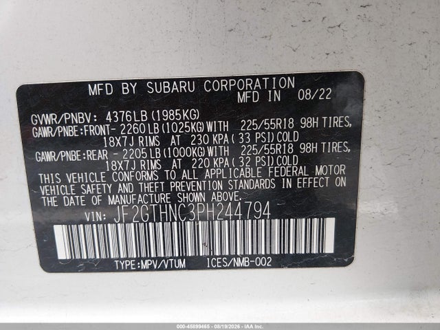 45899465 :رقم المزاد ، JF2GTHNC3PH244794 vin ، 2023 Subaru Crosstrek Limited مزاد بيع