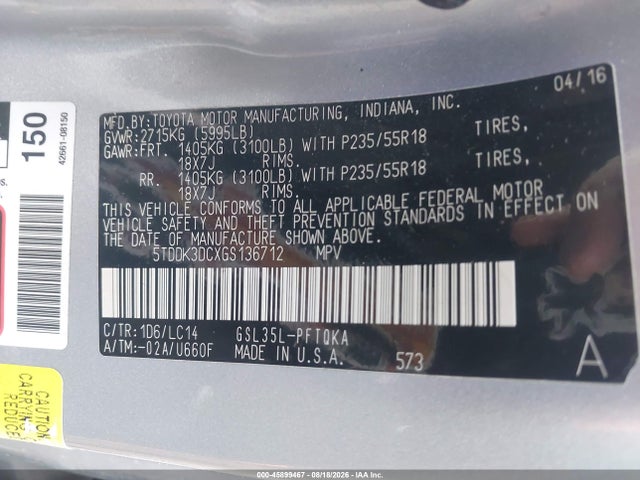 5TDDK3DCXGS136712 Toyota Sienna Xle Premium 7 Passenger