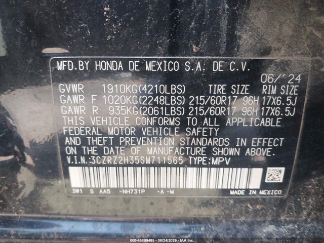 45899485 :رقم المزاد ، 3CZRZ2H35SM711565 vin ، 2025 Honda Hr-v Awd Lx مزاد بيع