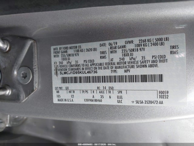 Продаж на аукціоні авто 2019 Lincoln Mkc Standard, vin: 5LMCJ1D95KUL46736, номер лоту: 45899493