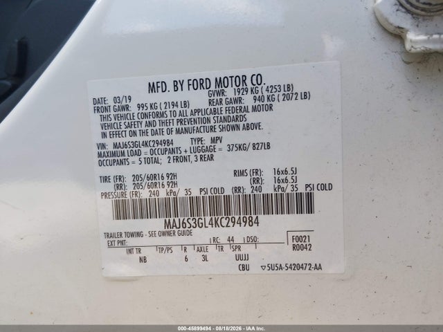 Auction sale of the 2019 Ford Ecosport Se, vin: MAJ6S3GL4KC294984, lot number: 45899494