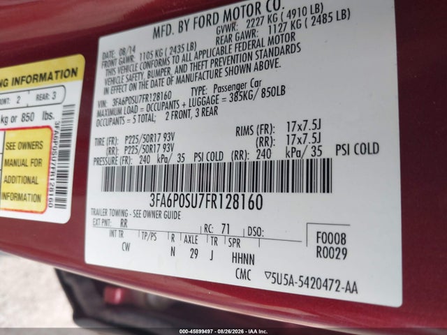 Продажа на аукционе авто 2015 Ford Fusion Energi Titanium, vin: 3FA6P0SU7FR128160, номер лота: 45899497