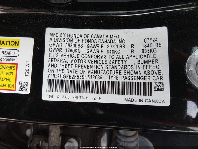 2025 Honda Civic Sport მანქანა იყიდება აუქციონზე, vin: 2HGFE2F55SH512685, აუქციონის ნომერი: 45899499