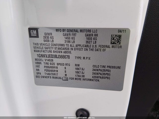 Продаж на аукціоні авто 2011 Chevrolet Traverse 2lt, vin: 1GNKVJED3BJ366678, номер лоту: 45899504