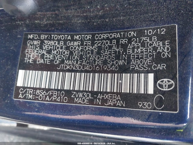 Aukcja sprzedaży 2013 Toyota Prius Two, vin: JTDKN3DU4D1619340, numer aukcji: 45899514