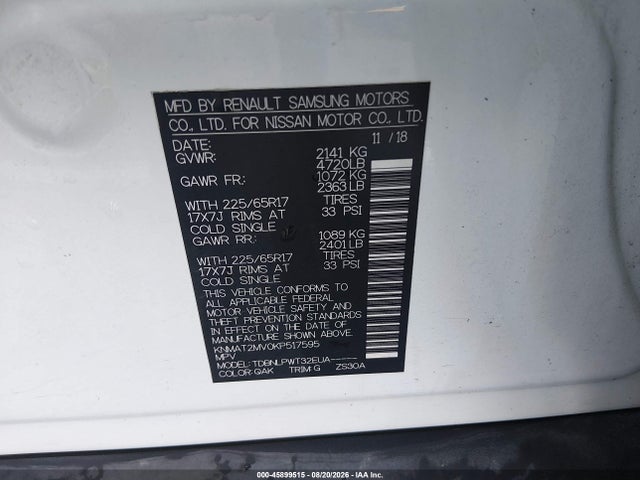 45899515 :رقم المزاد ، KNMAT2MV0KP517595 vin ، 2019 Nissan Rogue S مزاد بيع