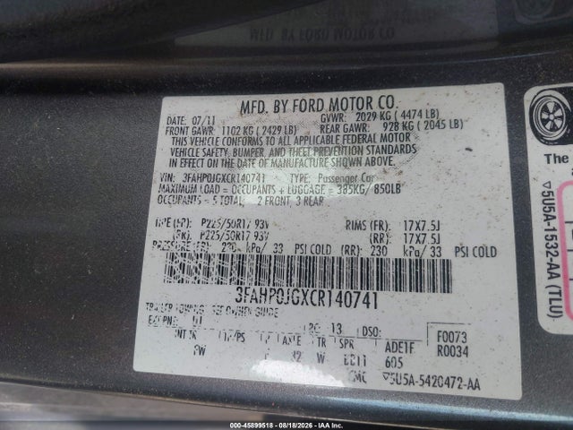 45899518 :رقم المزاد ، 3FAHP0JGXCR140741 vin ، 2012 Ford Fusion Sel مزاد بيع