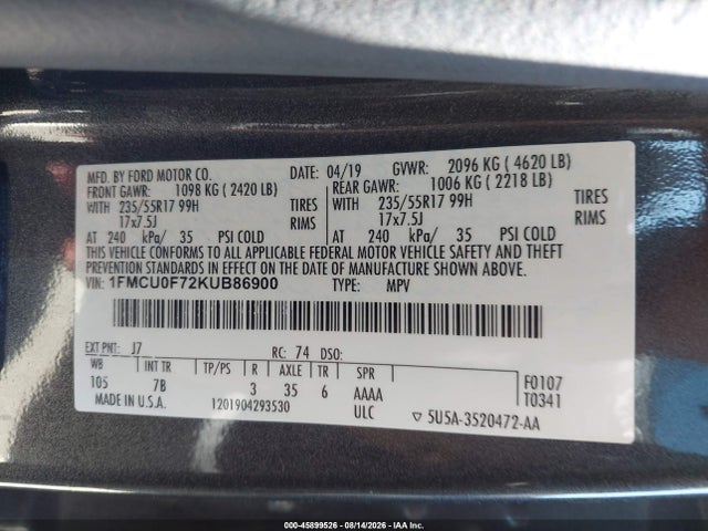 Ford ESCAPE S 2019 1FMCU0F72KUB86900 Image 9