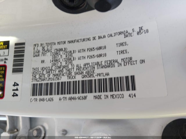Продаж на аукціоні авто 2018 Toyota Tacoma Limited, vin: 3TMGZ5AN7JM161567, номер лоту: 45899527