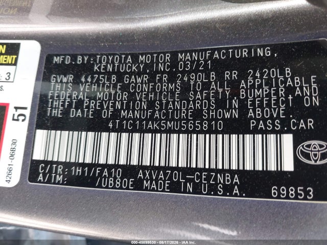 45899530 :رقم المزاد ، 4T1C11AK5MU565810 vin ، 2021 Toyota Camry Le مزاد بيع