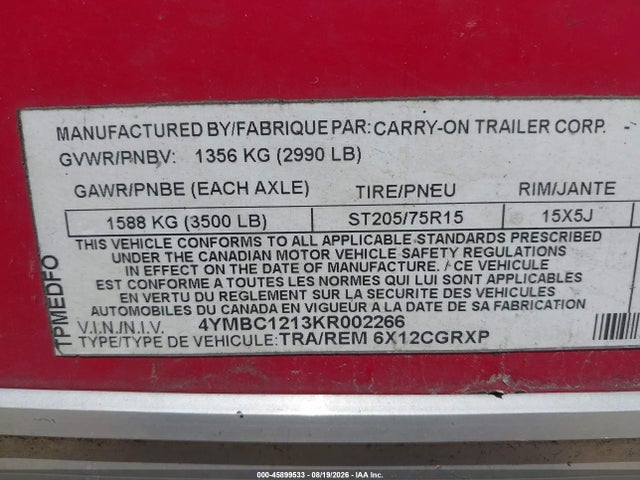 Aukcja sprzedaży 2019 Carry On Trailer, vin: 4YMBC1213KR002266, numer aukcji: 45899533