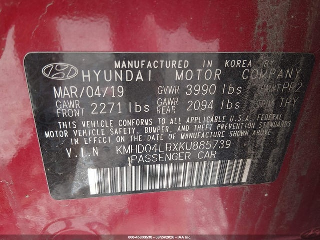 Aukcja sprzedaży 2019 Hyundai Elantra Sport, vin: KMHD04LBXKU885739, numer aukcji: 45899538