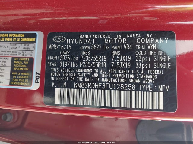 2015 Hyundai Santa Fe Limited მანქანა იყიდება აუქციონზე, vin: KM8SRDHF3FU128258, აუქციონის ნომერი: 45899539