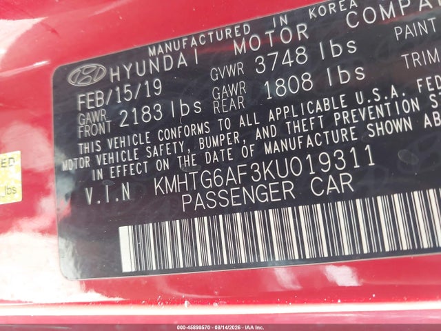 Hyundai Veloster 2.0 2019 KMHTG6AF3KU019311 Image 9