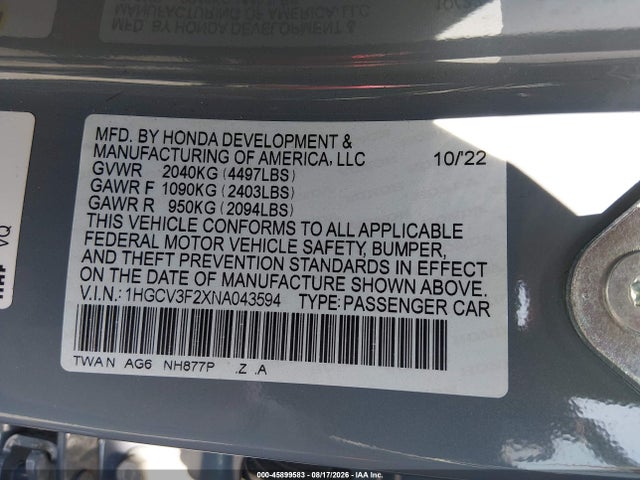 1HGCV3F2XNA043594 Honda Accord Hybrid Sport
