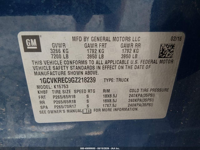 1GCVKREC9GZ218239 Chevrolet Silverado 1500 Lt