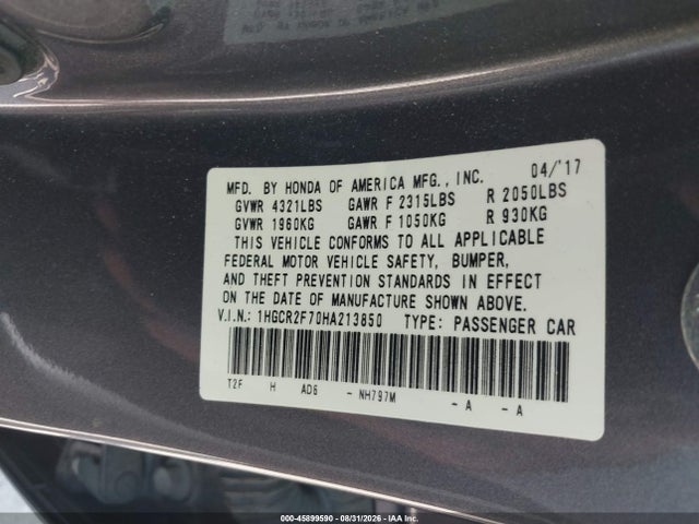 Aukcja sprzedaży 2017 Honda Accord Ex, vin: 1HGCR2F70HA213850, numer aukcji: 45899590