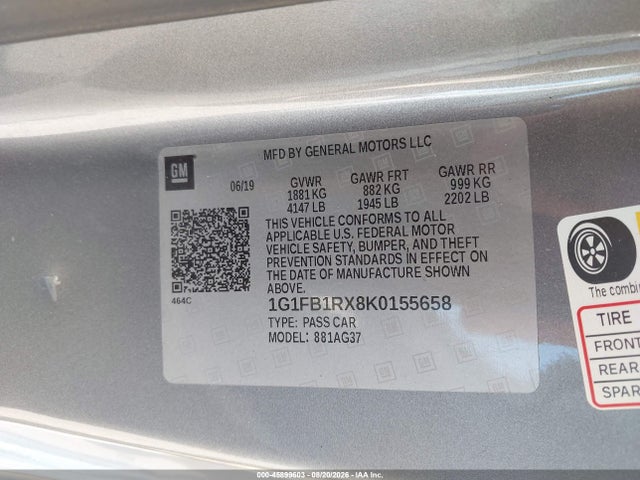 45899603 :رقم المزاد ، 1G1FB1RX8K0155658 vin ، 2019 Chevrolet Camaro 1lt مزاد بيع