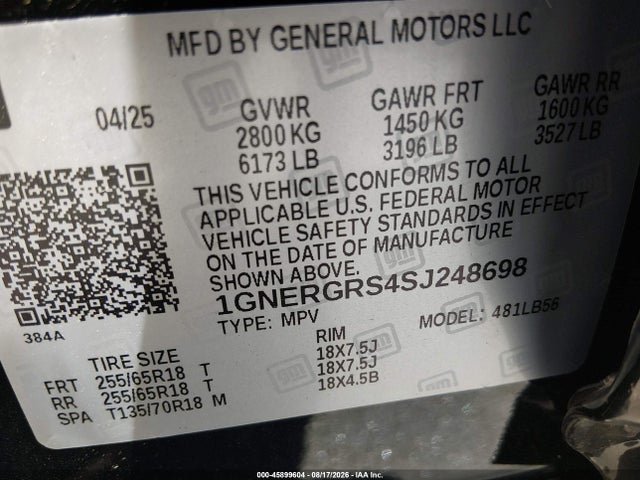 Aukcja sprzedaży 2025 Chevrolet Traverse Fwd Lt, vin: 1GNERGRS4SJ248698, numer aukcji: 45899604
