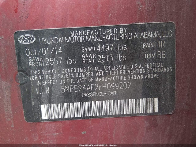 Продажа на аукционе авто 2015 Hyundai Sonata Se, vin: 5NPE24AF2FH099202, номер лота: 45899606