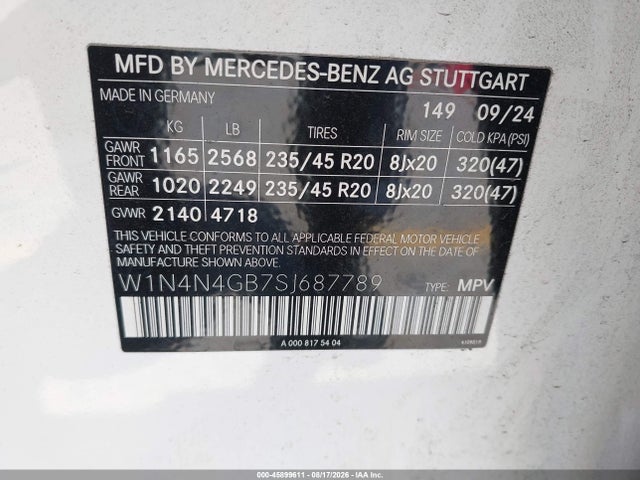 45899611 :رقم المزاد ، W1N4N4GB7SJ687789 vin ، 2025 Mercedes-benz Gla 250 4matic مزاد بيع