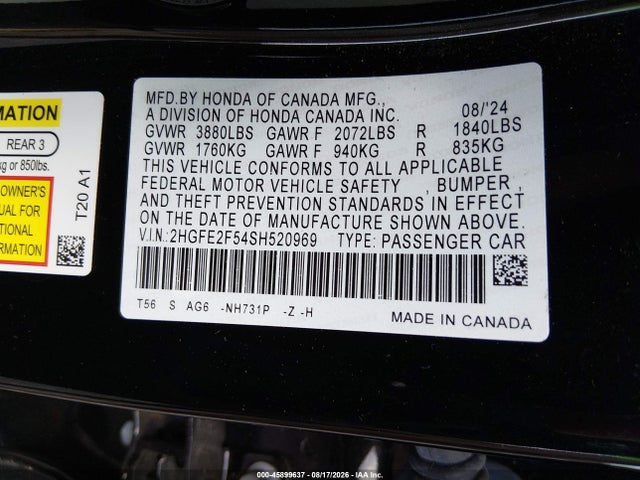 Продажа на аукционе авто 2025 Honda Civic Sport, vin: 2HGFE2F54SH520969, номер лота: 45899637