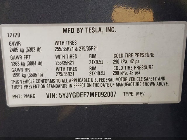 Aukcja sprzedaży 2021 Tesla Model Y Performance Dual Motor All-wheel Drive, vin: 5YJYGDEF7MF092007, numer aukcji: 45899646