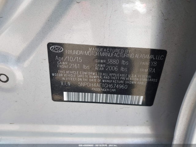 5NPDH4AE1GH674960 Hyundai ELANTRA SE