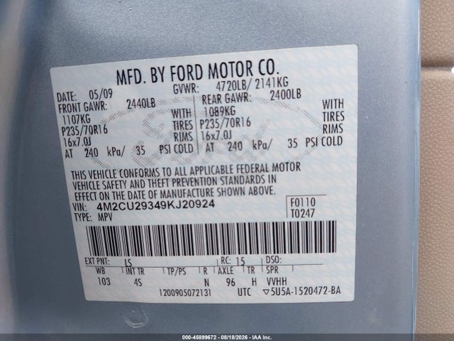Продаж на аукціоні авто 2009 Mercury Mariner Hybrid, vin: 4M2CU29349KJ20924, номер лоту: 45899672