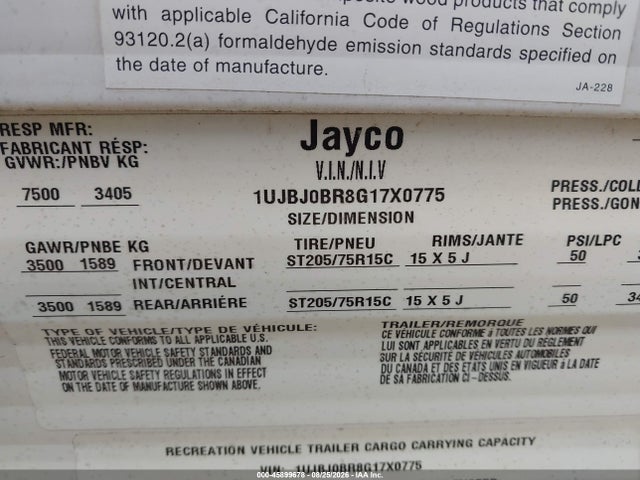 2016 Jayco 287bhsw მანქანა იყიდება აუქციონზე, vin: 1UJBJ0BR8G17X0775, აუქციონის ნომერი: 45899678