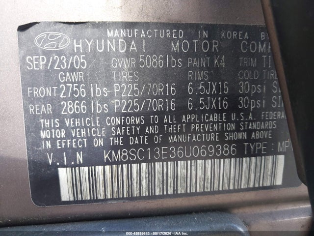 Продаж на аукціоні авто 2006 Hyundai Santa Fe Gls/limited, vin: KM8SC13E36U069386, номер лоту: 45899683