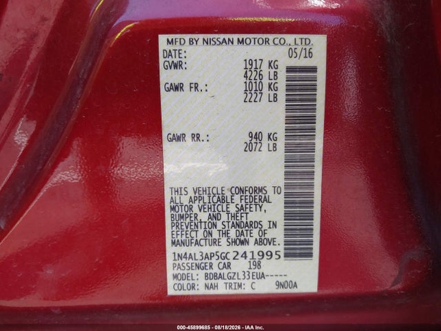 45899685 :رقم المزاد ، 1N4AL3AP5GC241995 vin ، 2016 Nissan Altima 2.5 S مزاد بيع