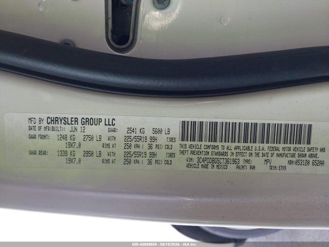 45899689 :رقم المزاد ، 3C4PDDBG5CT361963 vin ، 2012 Dodge Journey Sxt مزاد بيع