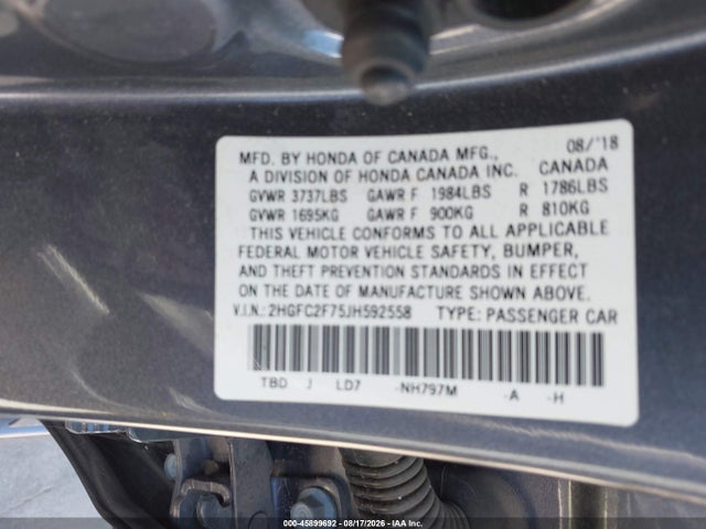 2018 Honda Civic Ex მანქანა იყიდება აუქციონზე, vin: 2HGFC2F75JH592558, აუქციონის ნომერი: 45899692