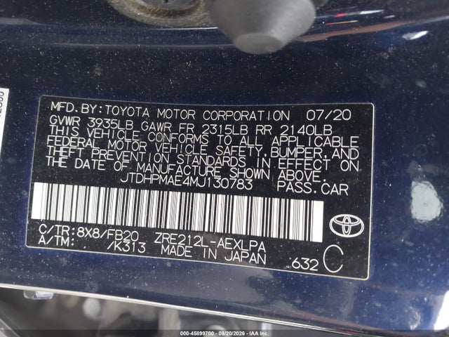 Продаж на аукціоні авто 2021 Toyota Corolla Le, vin: JTDHPMAE4MJ130783, номер лоту: 45899700