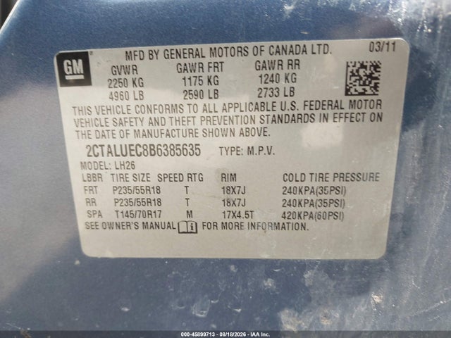 Aukcja sprzedaży 2011 Gmc Terrain Slt-1, vin: 2CTALUEC8B6385635, numer aukcji: 45899713