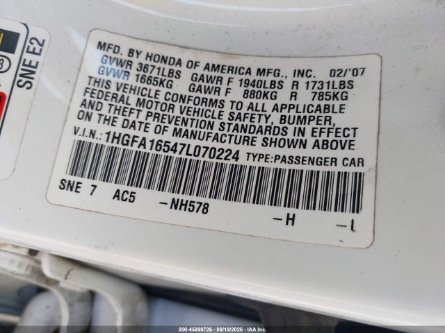 45899726 :رقم المزاد ، 1HGFA16547L070224 vin ، 2007 Honda Civic Lx مزاد بيع