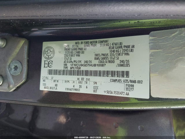 45899729 :رقم المزاد ، 1FMCU9GD7HUB10087 vin ، 2017 Ford Escape Se مزاد بيع