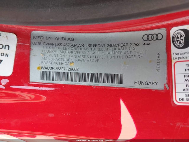 45899742 :رقم المزاد ، WAU3FLFF8F1128608 vin ، 2015 Audi A3 2.0t Premium مزاد بيع