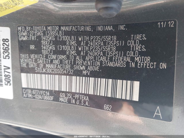 2013 Toyota Sienna Le 7 Passenger მანქანა იყიდება აუქციონზე, vin: 5TDJK3DC2DS054732, აუქციონის ნომერი: 45899741