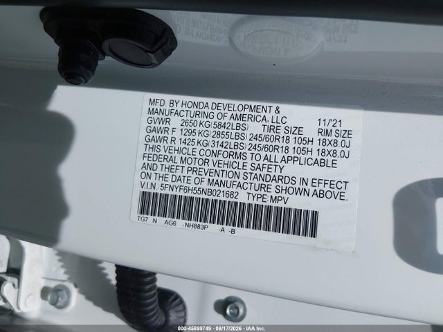 45899749 :رقم المزاد ، 5FNYF6H55NB021682 vin ، 2022 Honda Pilot Awd Ex-l مزاد بيع