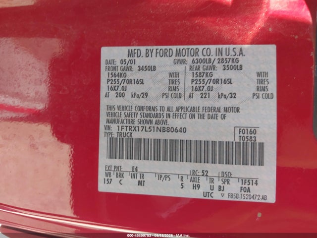 45899753 :رقم المزاد ، 1FTRX17L51NB80640 vin ، 2001 Ford F-150 Lariat/xl/xlt مزاد بيع
