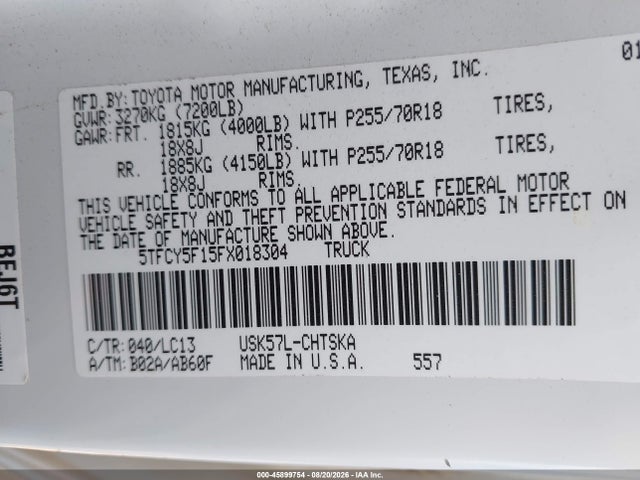45899754 :رقم المزاد ، 5TFCY5F15FX018304 vin ، 2015 Toyota Tundra Sr 5.7l V8 مزاد بيع