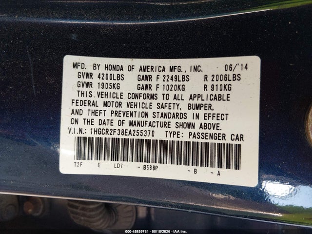 Aukcja sprzedaży 2014 Honda Accord Lx, vin: 1HGCR2F38EA255370, numer aukcji: 45899761