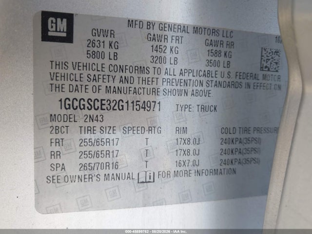 45899762 :رقم المزاد ، 1GCGSCE32G1154971 vin ، 2016 Chevrolet Colorado 2wd Lt مزاد بيع