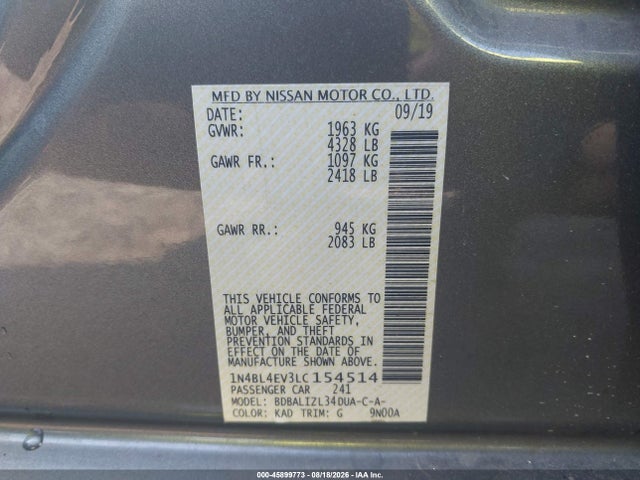 2020 Nissan Altima Sl Fwd მანქანა იყიდება აუქციონზე, vin: 1N4BL4EV3LC154514, აუქციონის ნომერი: 45899773