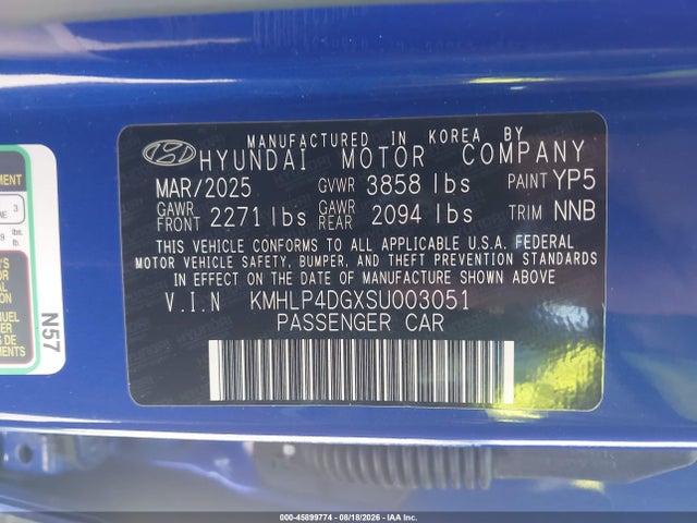 45899774 :رقم المزاد ، KMHLP4DGXSU003051 vin ، 2025 Hyundai Elantra Limited مزاد بيع