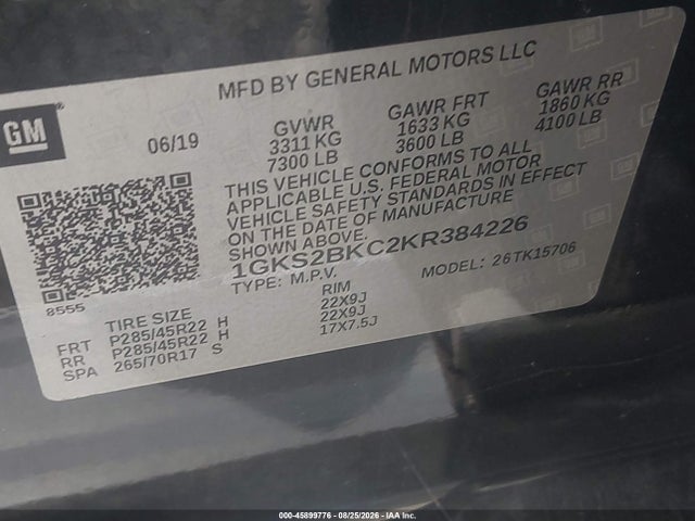 2019 Gmc Yukon Slt მანქანა იყიდება აუქციონზე, vin: 1GKS2BKC2KR384226, აუქციონის ნომერი: 45899776