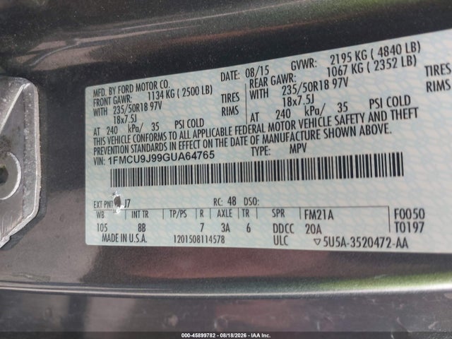 Продаж на аукціоні авто 2016 Ford Escape Titanium, vin: 1FMCU9J99GUA64765, номер лоту: 45899782
